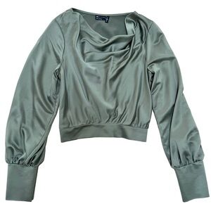 Asos Design Olive Green Satin Long Sleeve Draped Neck Blouse - Size 2